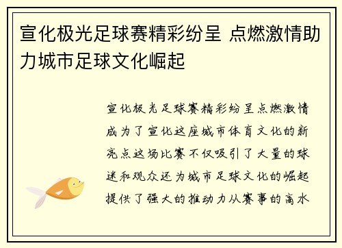宣化极光足球赛精彩纷呈 点燃激情助力城市足球文化崛起