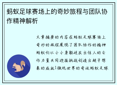 蚂蚁足球赛场上的奇妙旅程与团队协作精神解析