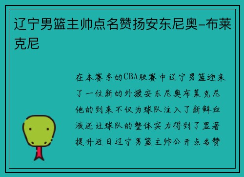 辽宁男篮主帅点名赞扬安东尼奥-布莱克尼