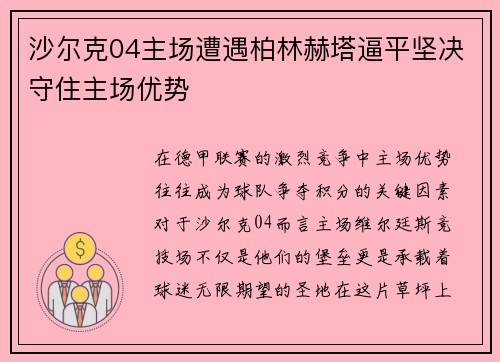 沙尔克04主场遭遇柏林赫塔逼平坚决守住主场优势