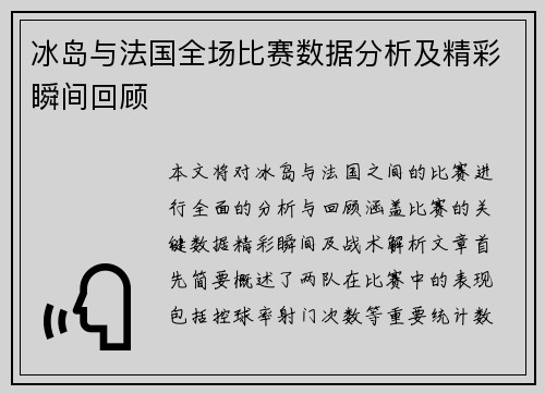 冰岛与法国全场比赛数据分析及精彩瞬间回顾