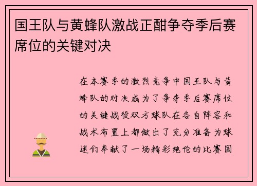 国王队与黄蜂队激战正酣争夺季后赛席位的关键对决