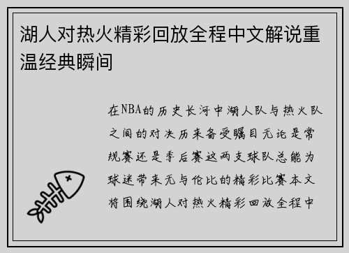 湖人对热火精彩回放全程中文解说重温经典瞬间