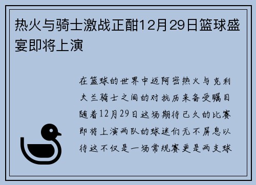 热火与骑士激战正酣12月29日篮球盛宴即将上演