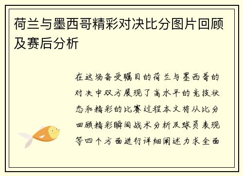 荷兰与墨西哥精彩对决比分图片回顾及赛后分析