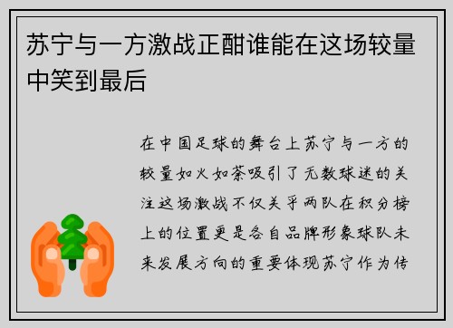 苏宁与一方激战正酣谁能在这场较量中笑到最后