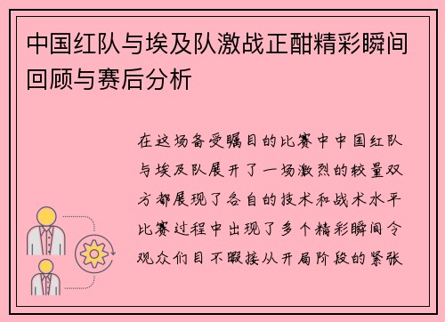 中国红队与埃及队激战正酣精彩瞬间回顾与赛后分析