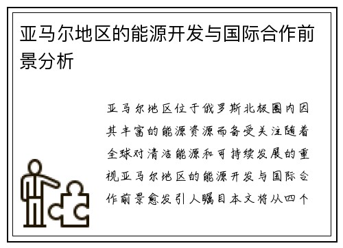 亚马尔地区的能源开发与国际合作前景分析