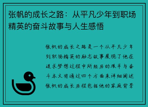 张帆的成长之路：从平凡少年到职场精英的奋斗故事与人生感悟