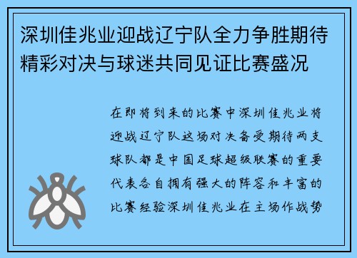 深圳佳兆业迎战辽宁队全力争胜期待精彩对决与球迷共同见证比赛盛况