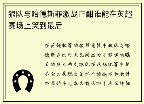 狼队与哈德斯菲激战正酣谁能在英超赛场上笑到最后