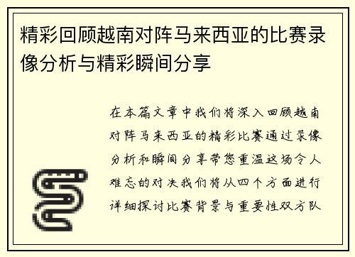 精彩回顾越南对阵马来西亚的比赛录像分析与精彩瞬间分享