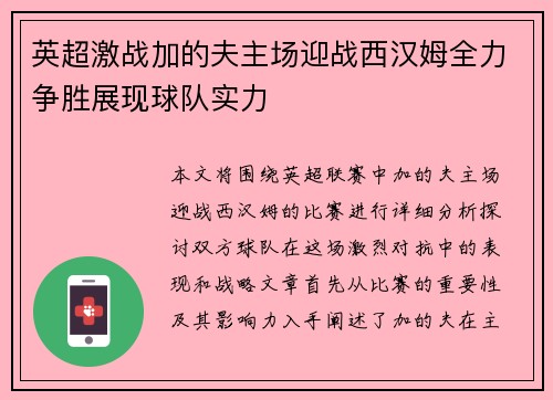 英超激战加的夫主场迎战西汉姆全力争胜展现球队实力