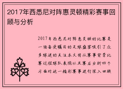 2017年西悉尼对阵惠灵顿精彩赛事回顾与分析