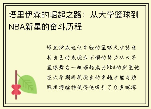 塔里伊森的崛起之路：从大学篮球到NBA新星的奋斗历程