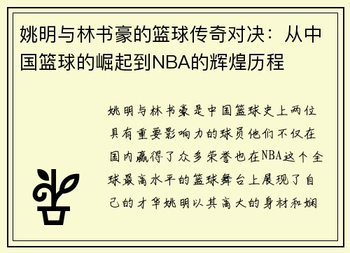 姚明与林书豪的篮球传奇对决：从中国篮球的崛起到NBA的辉煌历程