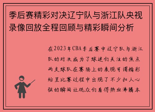 季后赛精彩对决辽宁队与浙江队央视录像回放全程回顾与精彩瞬间分析