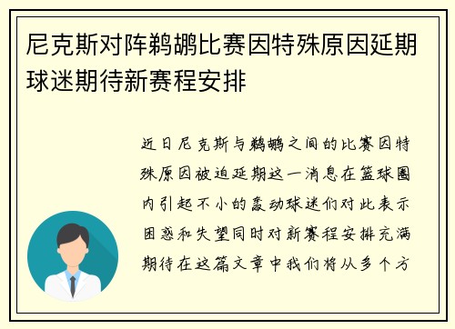 尼克斯对阵鹈鹕比赛因特殊原因延期球迷期待新赛程安排
