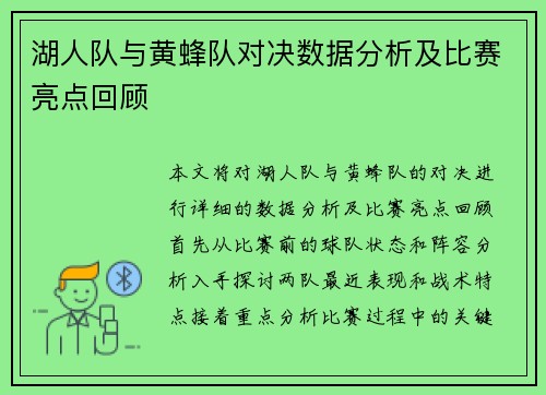湖人队与黄蜂队对决数据分析及比赛亮点回顾