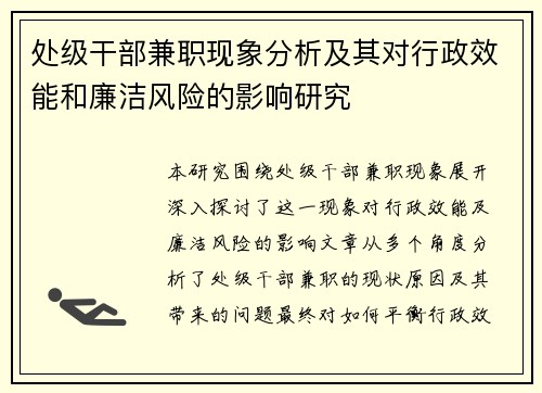 处级干部兼职现象分析及其对行政效能和廉洁风险的影响研究