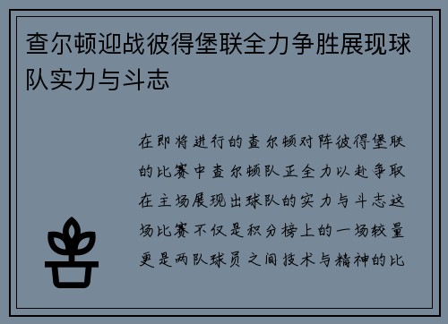 查尔顿迎战彼得堡联全力争胜展现球队实力与斗志