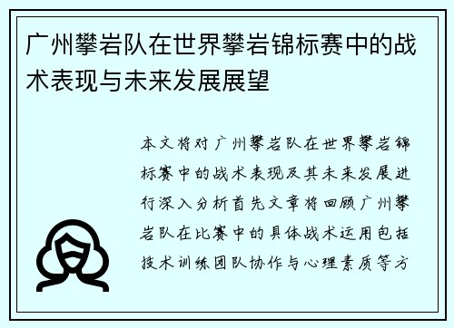 广州攀岩队在世界攀岩锦标赛中的战术表现与未来发展展望