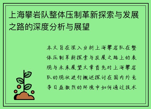 上海攀岩队整体压制革新探索与发展之路的深度分析与展望