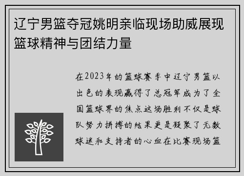 辽宁男篮夺冠姚明亲临现场助威展现篮球精神与团结力量