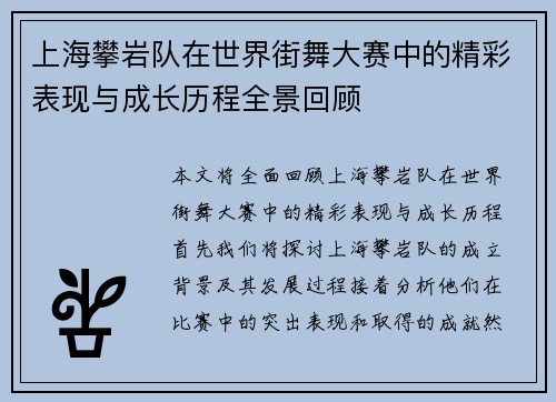 上海攀岩队在世界街舞大赛中的精彩表现与成长历程全景回顾
