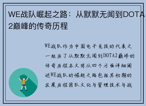 WE战队崛起之路：从默默无闻到DOTA2巅峰的传奇历程